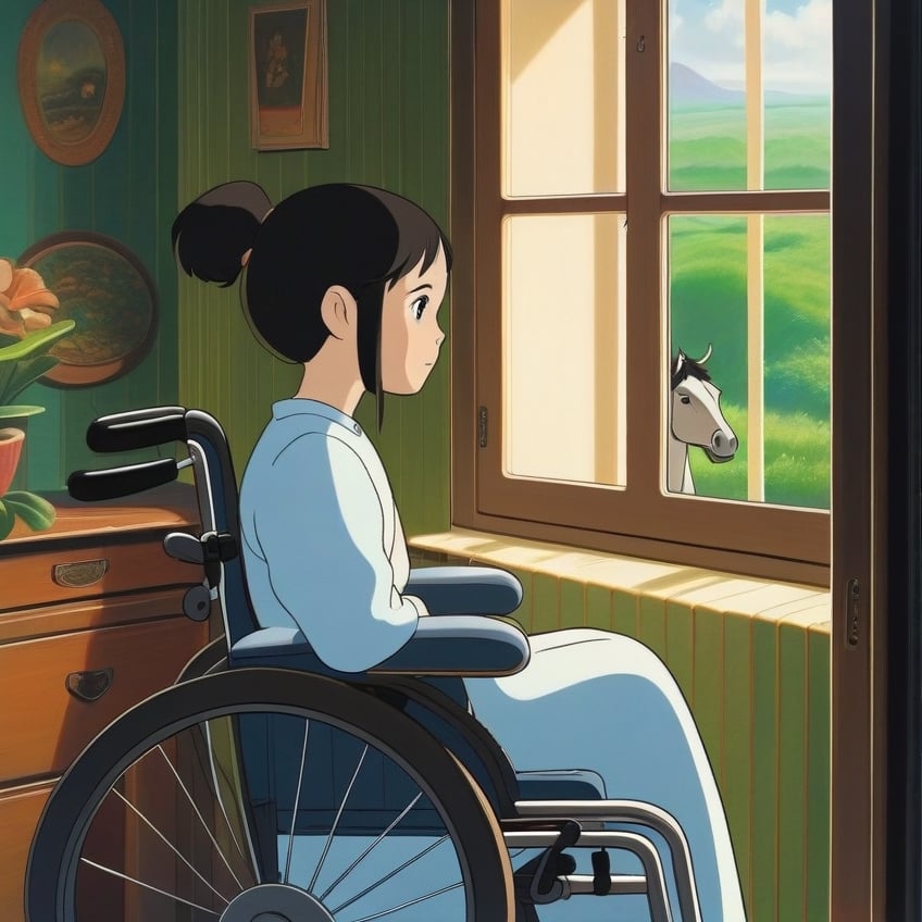 (ghibli), a girl in a wheelchair looking through the window, realistic depiction of a focus face, artistic portrait style, contrasting colors,  (masterpiece,best quality), black hair, short_pony_tail, (bedroom),StdGBRedmAF