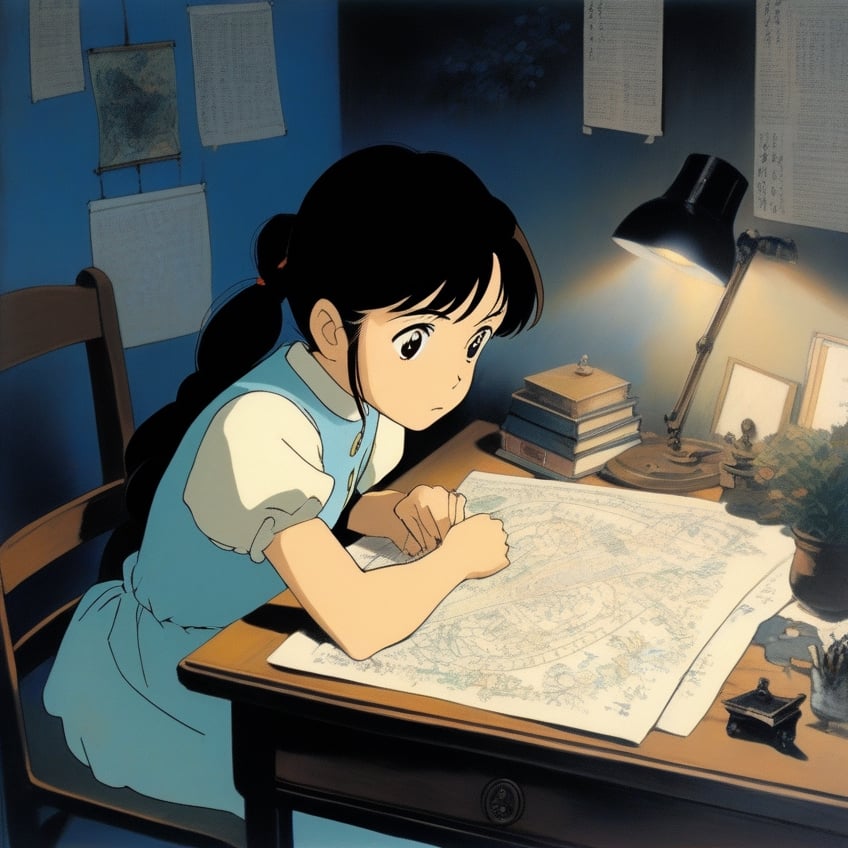 (ghibli), a girl looking up at her desk drawing, realistic depiction of a focus face, artistic portrait style, contrasting colors,  (masterpiece,best quality), black hair, short_pony_tail, (bedroom)