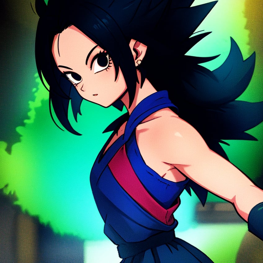 A stunning masterpiece! A petite, Saiyan warrior stands tall in a battle stance, she's short, her long black hair fall over her shoulders, Her sharp black eyes gleam with determination as she smizes confidently, showcasing her flat chest beneath her blue attire. The camera zooms in on her hyper-detailed features, highlighting the intricate details of her monkey tail and the wisps of ki energy surrounding her. The blurry background adds depth to the composition, while the sharp focus maintains a sense of intimacy with the subject. The overall quality is exceptionally high, showcasing her highly detailed and meticulously crafted design.