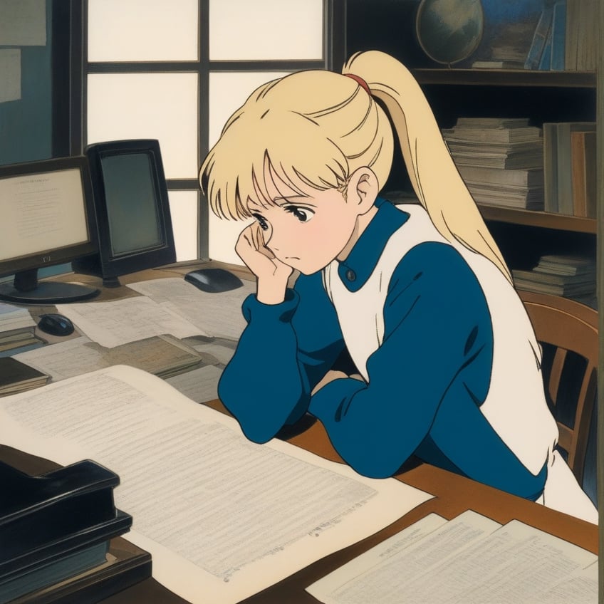 (ghibli), a girl looking up at her desk drawing, realistic depiction of a melancholy face, artistic portrait style, contrasting colors,  (masterpiece,best quality), blond_hair, short_pony_tail