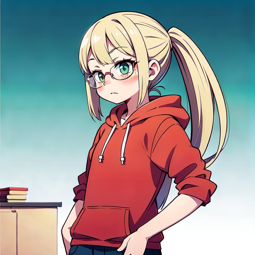 ((best quality)), (highly detailed), masterpiece, detailed, (empty_background) , blurry ,((1girl)), (((SOLO)), (longhair), ((pink_hair)), short, pale_skin, (green-eyes), ((blonde_hair)), tiny_female, clothes, sad_face, hands_in_pockets, tiny_breasts, cute_fang, ((glasses)), megane, red_clothes, hoodie,