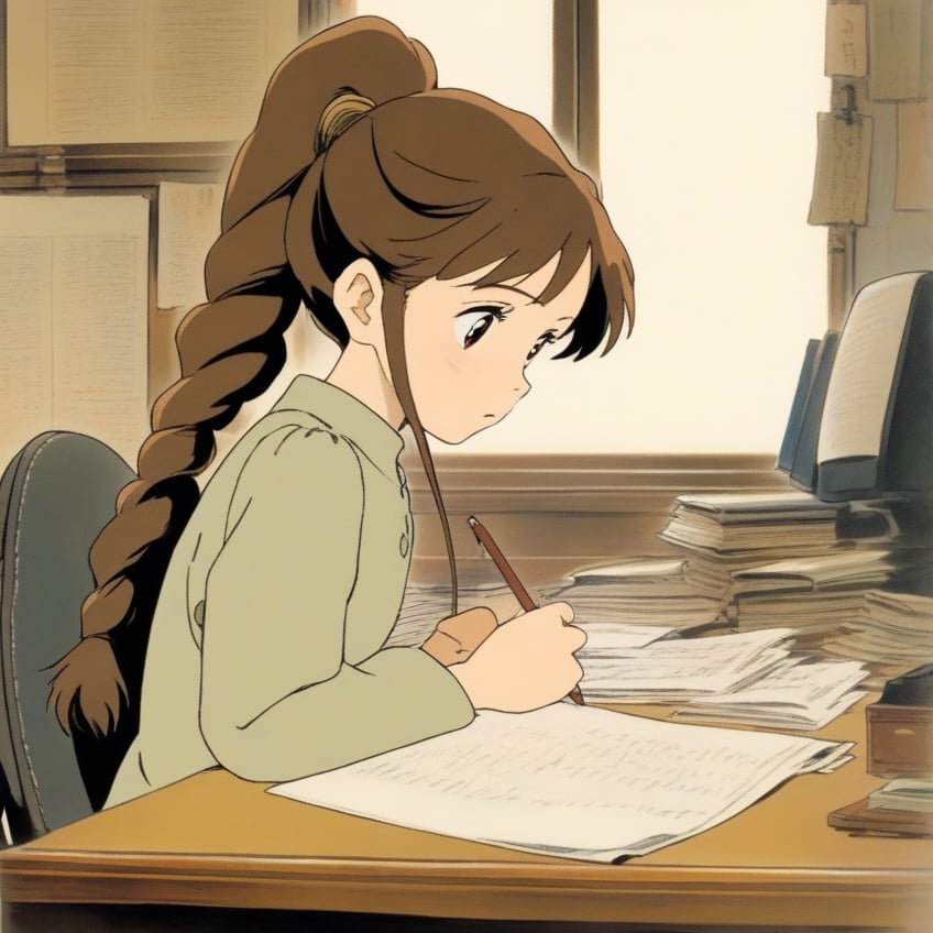 (ghibli), a girl looking up at her desk drawing, realistic depiction of a melancholy face, artistic portrait style, contrasting colors,  (masterpiece,best quality), brown_hair, short_pony_tail