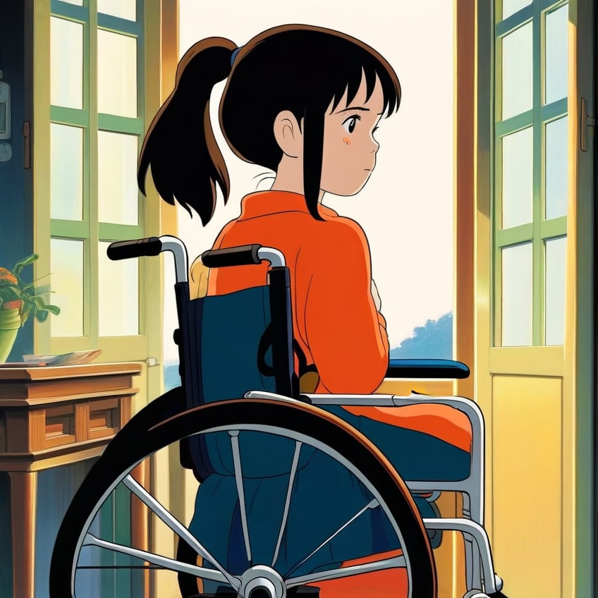 (ghibli), a girl in a wheelchair looking through the window, realistic depiction of a focus face, artistic portrait style, contrasting colors,  (masterpiece,best quality), black hair, short_pony_tail, (bedroom),StdGBRedmAF