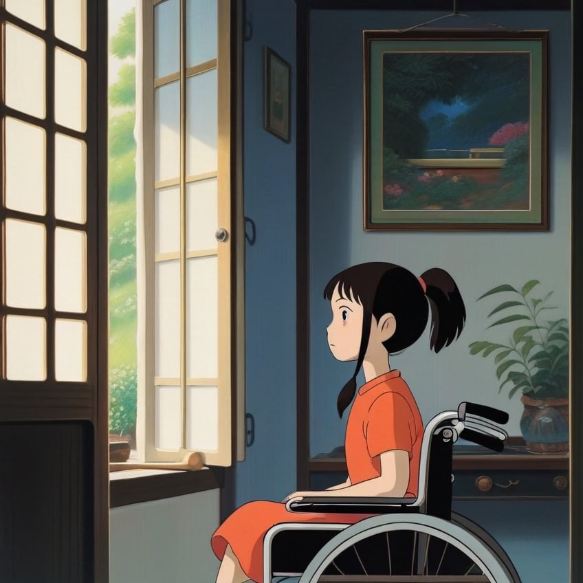 (ghibli), a girl in a wheelchair looking through the window, realistic depiction of a focus face, artistic portrait style, contrasting colors,  (masterpiece,best quality), black hair, short_pony_tail, (bedroom),StdGBRedmAF