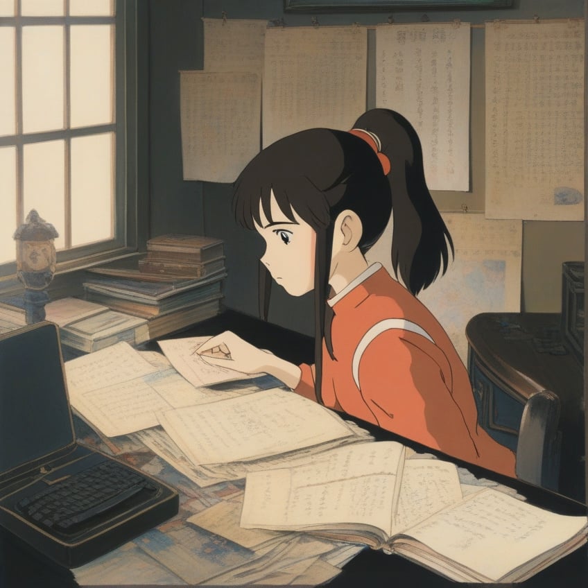 (ghibli), a girl looking up at her desk drawing, realistic depiction of a focus face, artistic portrait style, contrasting colors,  (masterpiece,best quality), black hair, short_pony_tail, (bedroom),StdGBRedmAF