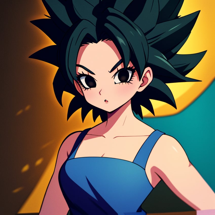 A stunning masterpiece! A petite, Saiyan warrior stands tall in a battle stance, she's short, her black hair fall over her shoulders, Her sharp black eyes gleam with determination as she smizes confidently, showcasing her flat chest beneath her blue attire. The camera zooms in on her hyper-detailed features, highlighting the intricate details of her monkey tail and the wisps of ki energy surrounding her. The blurry background adds depth to the composition, while the sharp focus maintains a sense of intimacy with the subject. The overall quality is exceptionally high, showcasing her highly detailed and meticulously crafted design.