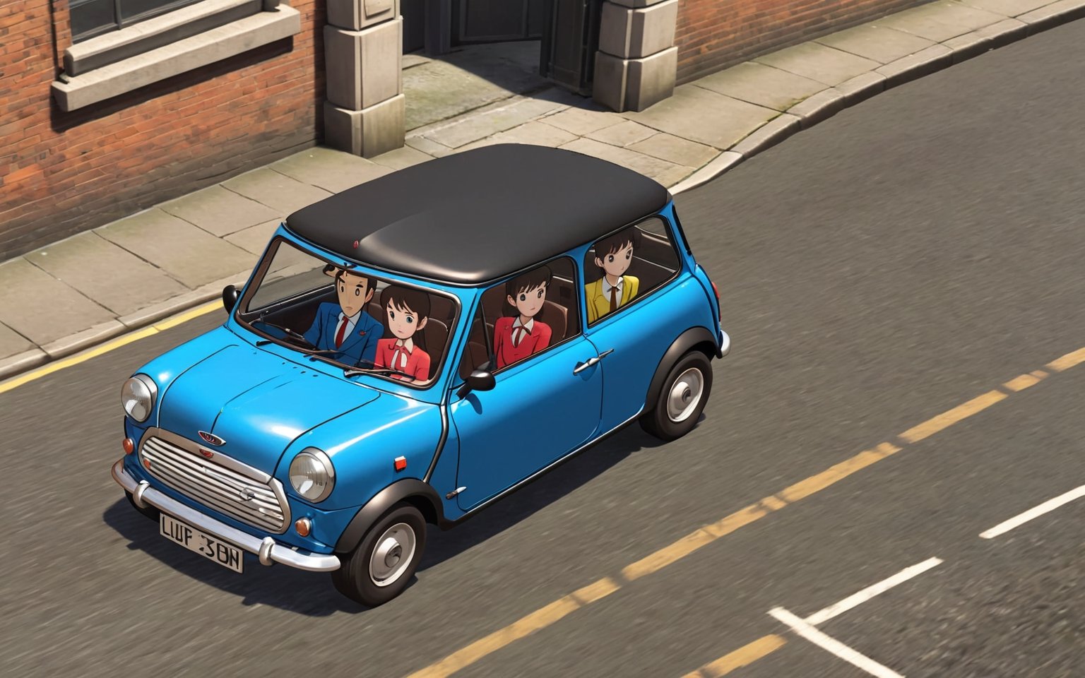 Lupin the 3rd, Lupin and Fujiko driving austin mini cooper, London city, 
(full body:1.0), from bellow, high quality skin texture rendering, curved body, masterpiece, 8k, high resolution, ghibli, ,r0b0cap,StdGBRedmAF