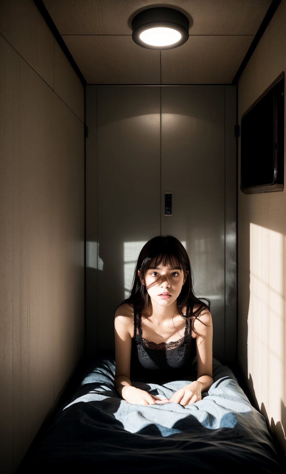 A dimly lit, compact chamber with windowless walls, the only illumination coming from artificial sources that eerily cast a flat, shadow-less glow. A young woman perches on the edge of a small, single berth bed, her eyes wide with bewilderment and panic as she takes in her confined quarters without an exit door to be seen.