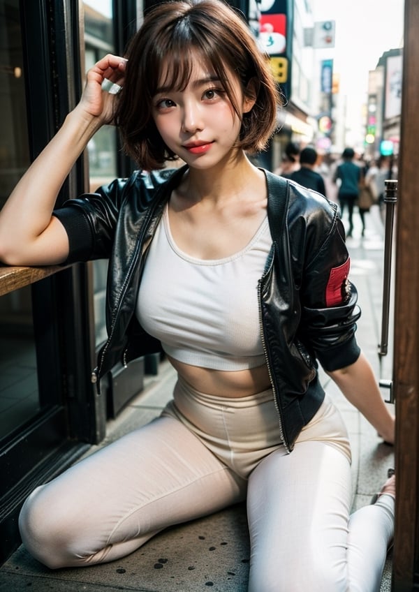 (Top Quality, Masterpiece), Realistic, Ultra High Resolution, Complex Details, Exquisite Details and Texture, Realistic, Beauty, viewed_from_behind, ((full body)), 1girl, japanese cute girl, (17 years old), super-short-hair, bangs, (Thin and Long Body), round face, (large saggy breasts), (bomber Jacket), (white shirt), ((beige leggings)), ((new balance 996)), (Downtown Shibuya), ((center street)), looking at another, sweating_profusely, perfect,