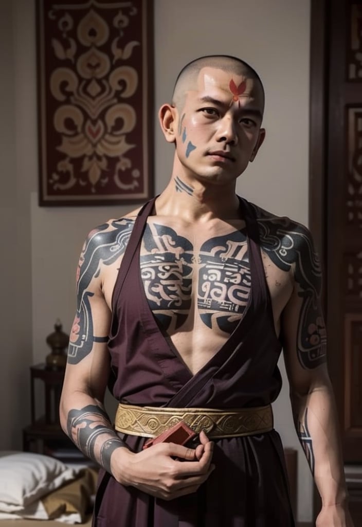 ((full nakid:1.3)), a buddhist monk, ((shaved head:1.3)), ((all over skin written Sutras in Sanskrit:1.3)), 
A monk is a person who leaves home and enters the Buddhist monastery. A person who follows the teachings of Buddhism and practices ascetic practices. 1boy, tattoo