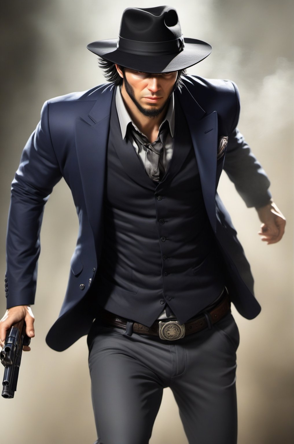 (Gunfight at the bar), (1male solo:1.2), (thrilling gun action:1.2), ((solo focus)), (blurry), (Infuriated face:1.0), looking away, jigen daisuke, haggard face, black hair, (very long back hair:1.5), (sideburns:1.2), (long goatee:2.0), (wear a black hat over his eyes:1.2), (skinny body), navy blue suit, worn out suit, gray shirt, loose black tie, (smoke the butts:1.2), (Smith&Wesson Model19 in right hand:1.8), (shoot the gun:1.5), 
(Top Quality, Masterpiece), Realistic, Ultra High Resolution, Complex Details, Exquisite Details and Texture, Realistic, Stylish,SalomanElfric, ,action shot