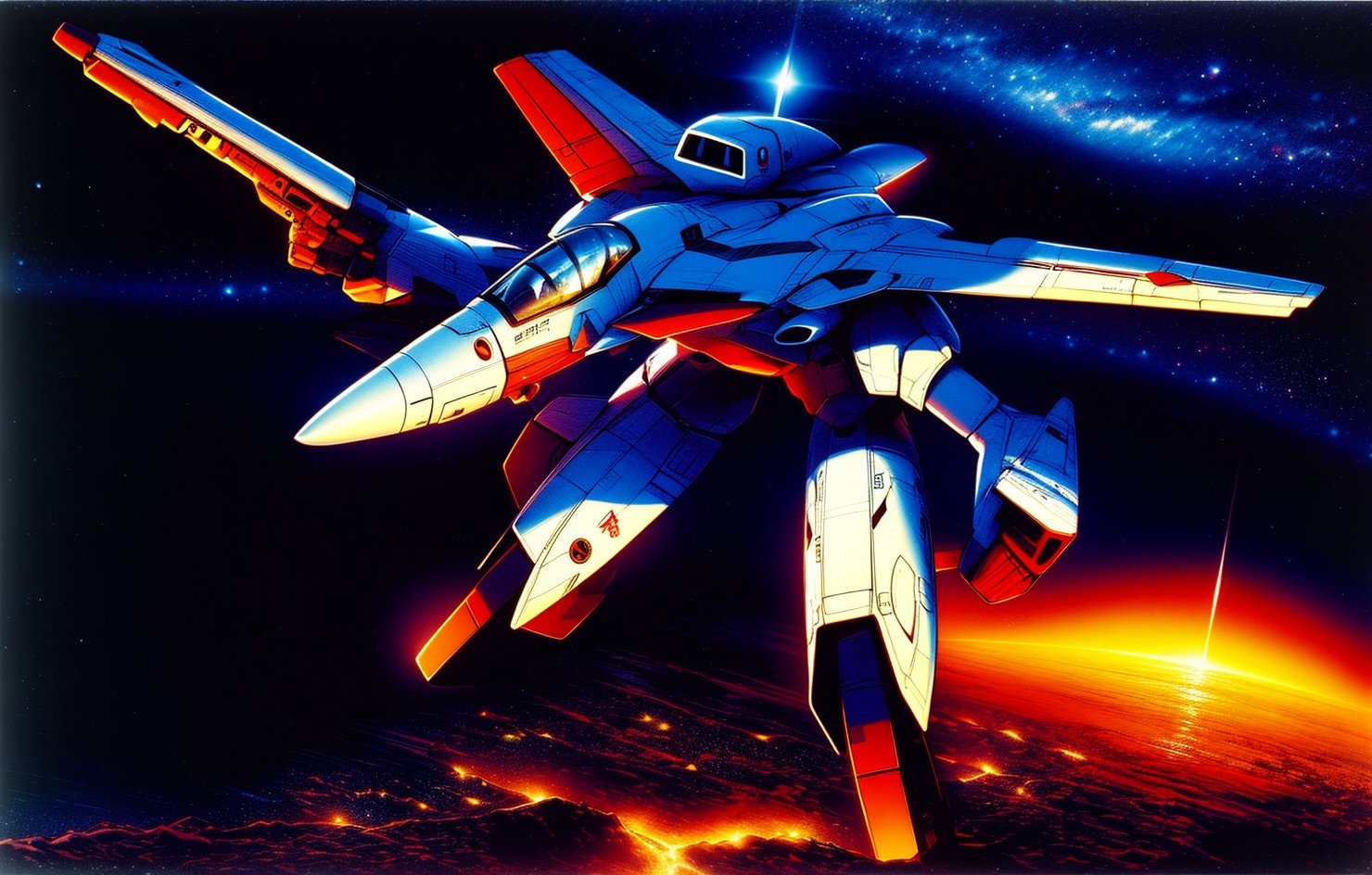 MACROSS VF-1 Valkyrie, Variable Fighter, GERWALK mode, Guardian Mode, the VF-1 looks like the nose and wings of a fighter plane stuck on "chicken walker" legs with two arms, etro artstyle, 1980s (style), outer_space, stars, Earth seen from space, 
(medium close-up:1.2), (solo:1.0), (dynamic and engaging:1.2), soft studio lighting, (Top Quality, Masterpiece), Realistic, Ultra High Resolution, Complex Details, Exquisite Details and Texture, Beauty, ((full body)), perfect, watercolor \(medium\),