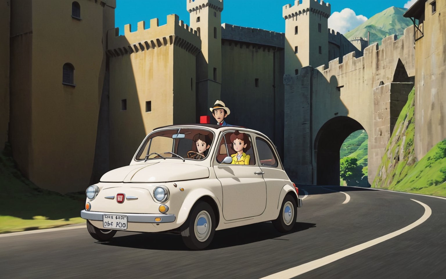 Lupin the 3rd, Lupin and Fujiko driving white Fiat NUOVA500, Castle of Cagliostro, 
(full body:1.0), from bellow, high quality skin texture rendering, curved body, masterpiece, 8k, high resolution, ghibli, ,r0b0cap,StdGBRedmAF