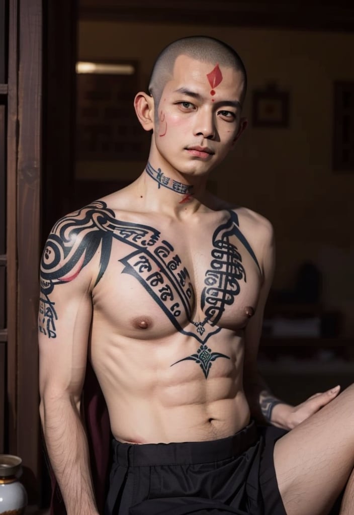 ((full nakid:1.3)), a buddhist monk, ((shaved head:1.3)), ((all over skin written Sutras in Sanskrit:1.3)), 
A monk is a person who leaves home and enters the Buddhist monastery. A person who follows the teachings of Buddhism and practices ascetic practices. 1boy, tattoo