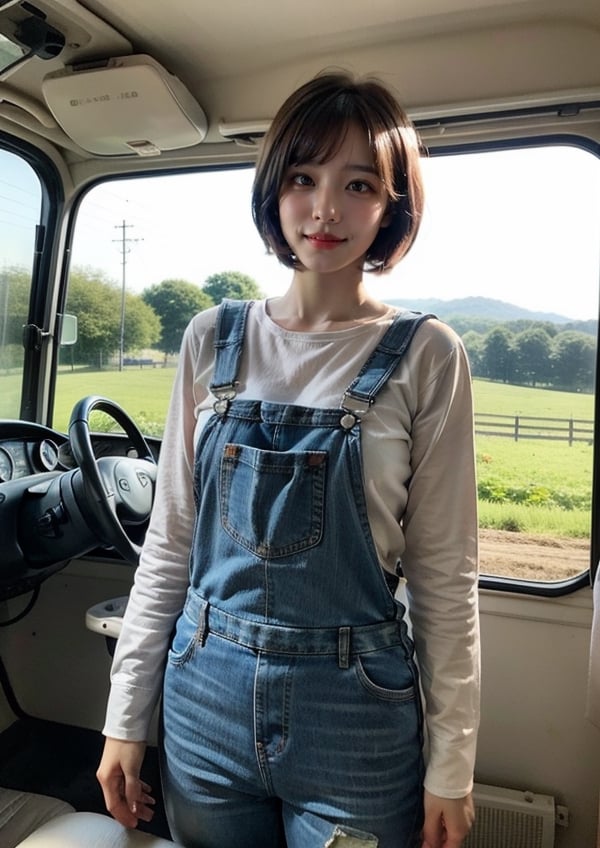 (Top Quality, Masterpiece), Realistic, Ultra High Resolution, Complex Details, Exquisite Details and Texture, Realistic, Beauty, viewed_from_below, ((full body)), 1girl, japanese cute girl, (17 years old), farmer, super-short-hair, bangs, (Thin and Long Body), round face, (large saggy breasts), (long-sleeved shirt, casual), ((Carthartt overalls)), (peaceful countryside view, farm), driving a tractor, looking at another, sweating_profusely, perfect, ,pastelbg