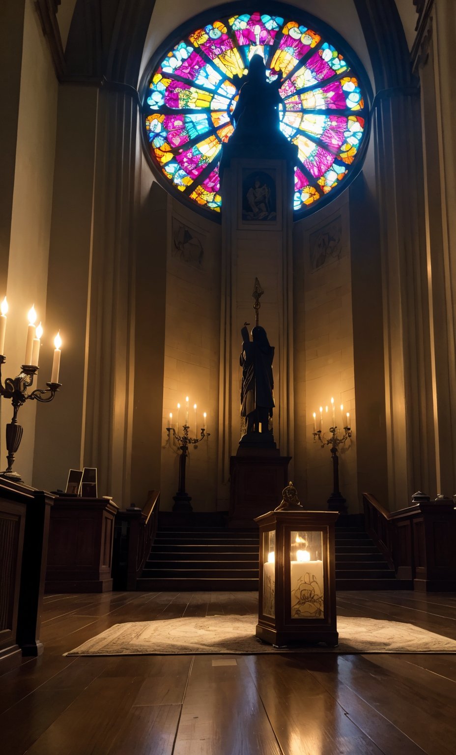 A vibrant and dramatic scene unfolds: a candlelit chamber with ornate tapestries and stained glass windows casting a kaleidoscope of colors on the floor. A figure lies on a deathbed, surrounded by brothers and family members gathered in somber reverence. The atmosphere is one of hope and redemption as they hold hands, their faces illuminated by soft candlelight. In the background, the High Court's imposing architecture looms, symbolizing justice and mercy. Amidst this solemn setting, an angelic figure appears, beckoning the dead to rise anew, as the words Even the dead shall live! echo through the air.