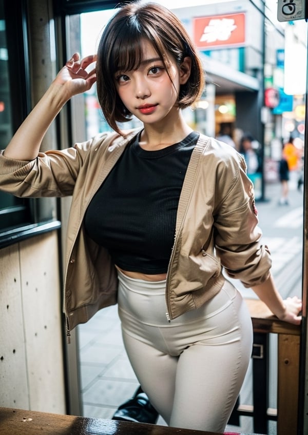 (Top Quality, Masterpiece), Realistic, Ultra High Resolution, Complex Details, Exquisite Details and Texture, Realistic, Beauty, viewed_from_behind, ((full body)), 1girl, japanese cute girl, (17 years old), super-short-hair, bangs, (Thin and Long Body), round face, (large saggy breasts), (bomber Jacket), (white shirt), ((beige leggings)), ((new balance 996)), (Downtown Shibuya), ((center street)), looking at another, sweating_profusely, perfect,