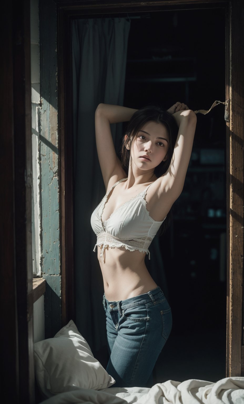 A dimly lit, cramped space is captured in a single shot, artificial light casting an unsettling ambiance that draws attention to the young woman's precarious pose on the edge of a narrow one-berth bed. The worn fabric creaks beneath her weight as she tilts her head, intense focus fixed on the tattered calendar with torn edges fluttering softly in the still air.