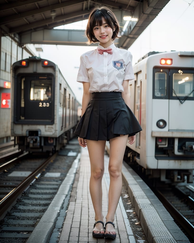 OsakaMetro20, train, scenery, outdoors, real world location, train station, building, day, railroad tracks, 
(1girl solo:1.5), from_behind, ((solo focus)), black hair, short sleeves, blurry, school uniform, a student standing on the platform at a railway station, 
(Top Quality, Masterpiece), Realistic, Ultra High Resolution, Complex Details, Exquisite Details and Texture, Realistic, Beauty, japanese litlle girl, ((Amused, Laugh)), (super-short-hair:1.2), bangs, (Thin Body), round face, (flat chest:1.0), 