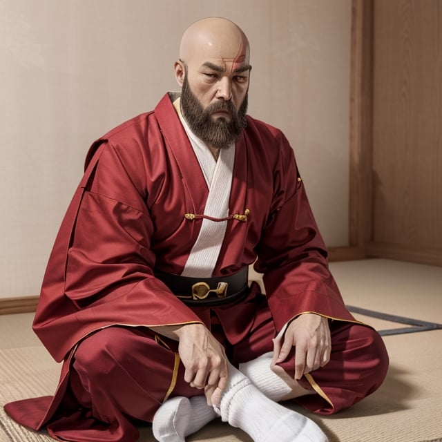 ((Santa Claus)), detailed face with wrinkles, (bald head), (shaved head), (white beard), Aged 70+, wearing a ((totally) (red colored Chinese Shao Lin Monk long robe), (loose red colored monk pants underneath),  (Tabi socks)), The monk is meditating in zazen on Tatami, The monk is (practicing Qigong exercises), Photorealistic, full_length_portrait,washitsu,kratosGOW_soul3142, 1boy