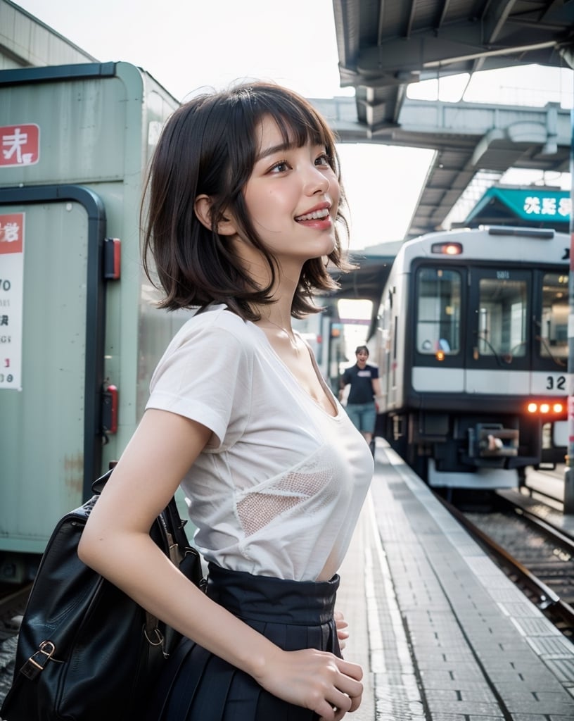 OsakaMetro20, train, scenery, outdoors, real world location, train station, building, day, railroad tracks, 
(1girl solo:1.5), From Side, ((solo focus)), black hair, short sleeves, blurry, school uniform, a student standing on the platform at a railway station, 
(Top Quality, Masterpiece), Realistic, Ultra High Resolution, Complex Details, Exquisite Details and Texture, Realistic, Beauty, japanese litlle girl, ((Amused, Laugh)), (super-short-hair:1.2), bangs, (Thin Body), round face, (flat chest:1.0), ,dream_girl,Nature,midjourney