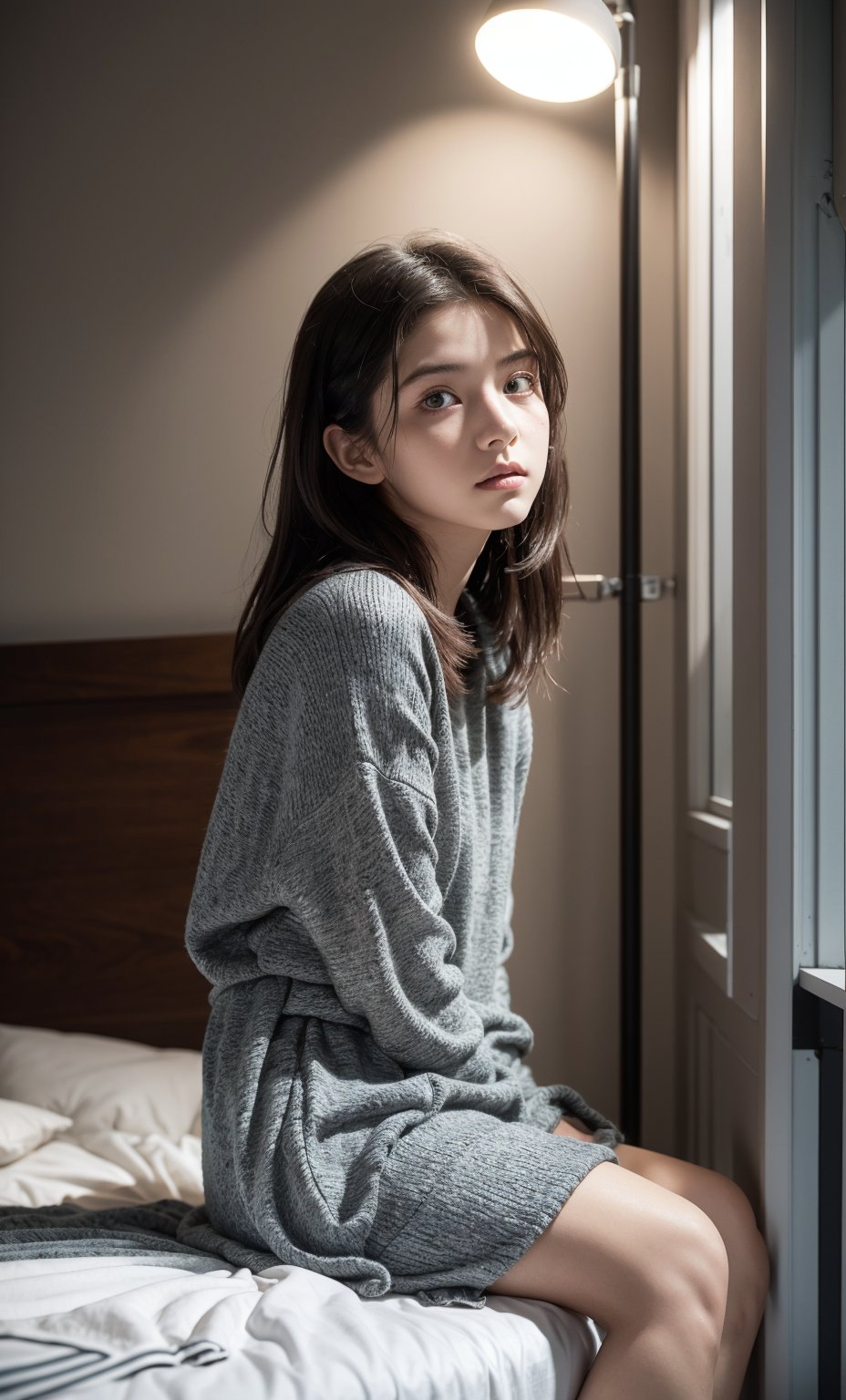 A close-up shot of a disheveled and confused young woman sitting on the edge of a single bed in a small, enclosed space. The room is surrounded by windowless walls, with artificial lighting casting an eerie glow. Her eyes are wild with fear as she looks around the cramped quarters, her hands grasping at the fabric of the bedding as if searching for escape.