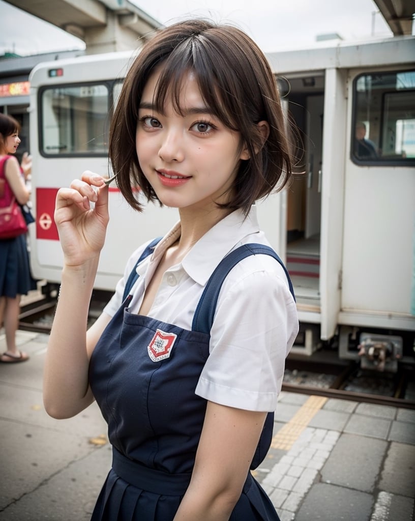 OsakaMetro20, train, scenery, outdoors, real world location, train station, building, day, railroad tracks, 
(1girl solo:1.5), Upper Body, ((solo focus)), black hair, short sleeves, blurry, school uniform, a student standing on the platform at a railway station, 
(Top Quality, Masterpiece), Realistic, Ultra High Resolution, Complex Details, Exquisite Details and Texture, Realistic, Beauty, japanese litlle girl, ((Amused, Laugh)), (super-short-hair:1.2), bangs, (Thin Body), round face, (flat chest:1.0), ,dream_girl,Nature,midjourney,Realism,pastelbg,school uniform