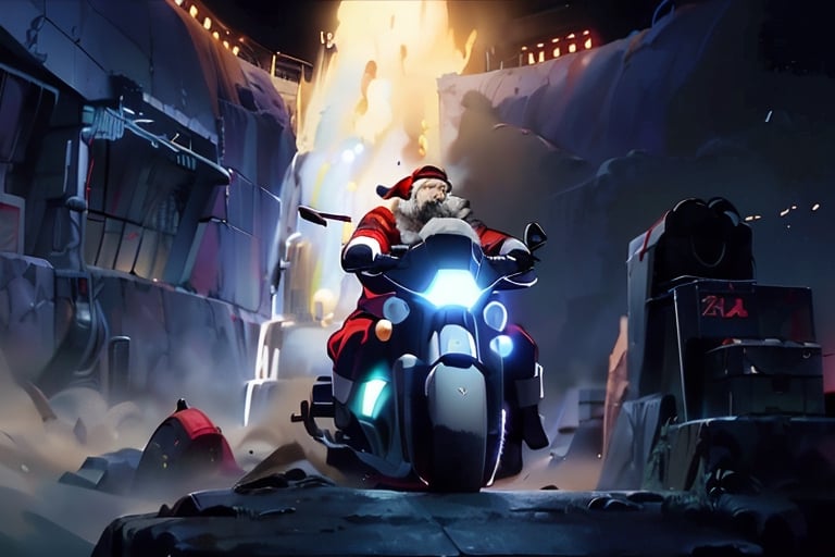 (4k), (masterpiece), (best quality), (realistic), (cinematic　lighting), (epic), photo real, ((Hang-on while cornering)), motion shot, full body, ((The background is blurred due to high speed movement)), Santa Claus carrying an UberEats square bag on his back, ride on black colour [[Harley Davidson]], ((wide open knees)), Santa Claus