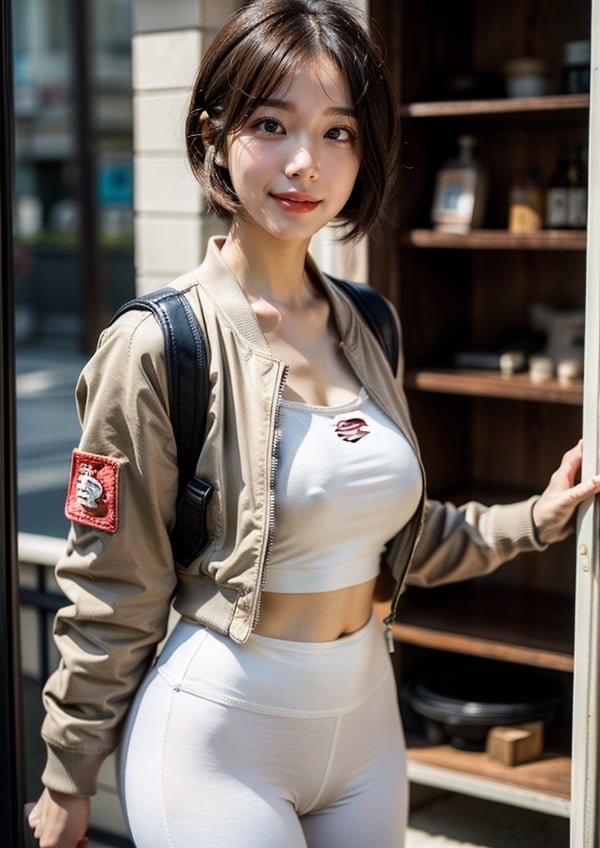 (Top Quality, Masterpiece), Realistic, Ultra High Resolution, Complex Details, Exquisite Details and Texture, Realistic, Beauty, viewed_from_behind, ((full body)), 1girl, japanese cute girl, (17 years old), super-short-hair, bangs, (Thin and Long Body), round face, (large saggy breasts), (bomber Jacket), (white shirt), ((beige leggings)), ((new balance 996)), (Downtown Shibuya), ((center street)), looking at another, sweating_profusely, perfect,