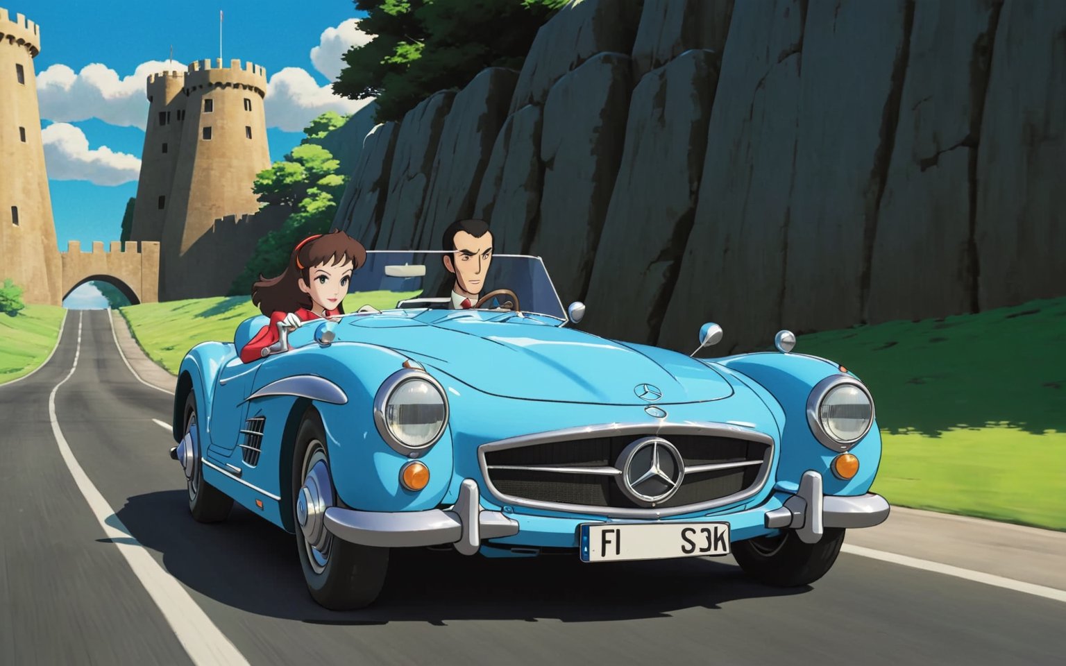 Lupin the 3rd, Lupin and Fujiko driving Mercedes-Benz SSK, Castle of Cagliostro, 
(full body:1.0), from bellow, high quality skin texture rendering, curved body, masterpiece, 8k, high resolution, ghibli, ,r0b0cap,StdGBRedmAF