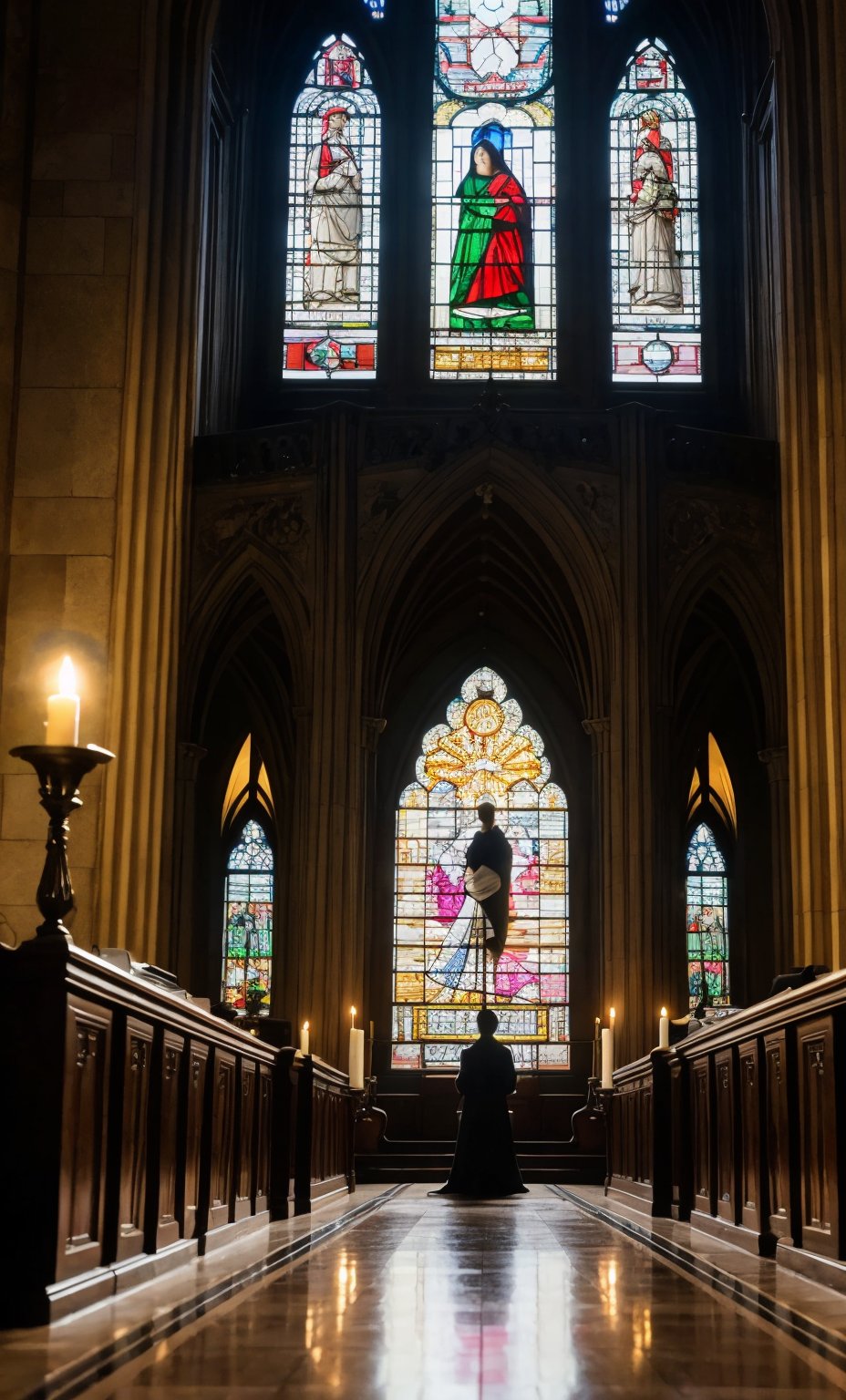 A vibrant and dramatic scene unfolds: a candlelit chamber with ornate tapestries and stained glass windows casting a kaleidoscope of colors on the floor. A figure lies on a deathbed, surrounded by brothers and family members gathered in somber reverence. The atmosphere is one of hope and redemption as they hold hands, their faces illuminated by soft candlelight. In the background, the High Court's imposing architecture looms, symbolizing justice and mercy. Amidst this solemn setting, an angelic figure appears, beckoning the dead to rise anew, as the words Even the dead shall live! echo through the air.