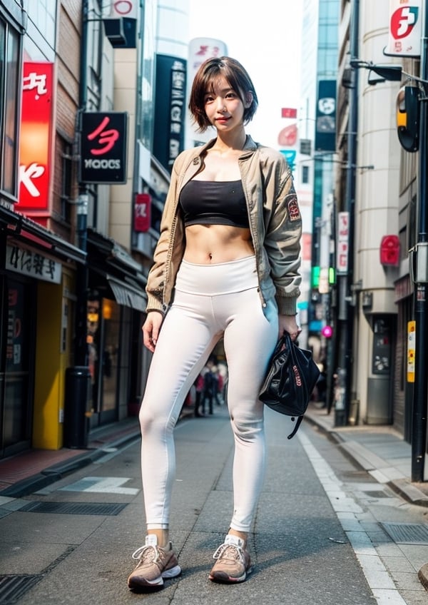 (Top Quality, Masterpiece), Realistic, Ultra High Resolution, Complex Details, Exquisite Details and Texture, Realistic, Beauty, viewed_from_below, ((full body)), 1girl, japanese cute girl, (17 years old), super-short-hair, bangs, (Thin and Long Body), round face, (large saggy breasts), (bomber Jacket), (white shirt), ((beige leggings)), ((new balance 996)), (Downtown Shibuya), ((street, walking)), looking at another, sweating_profusely, perfect,