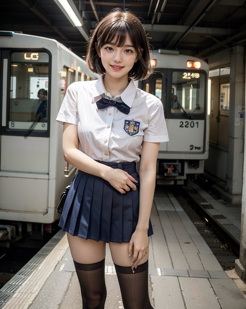 OsakaMetro20, train, scenery, outdoors, real world location, train station, building, day, railroad tracks, 
(1girl solo:1.5), Full Body Shot, ((solo focus)), black hair, short sleeves, blurry, school uniform, a student standing on the platform at a railway station, 
(Top Quality, Masterpiece), Realistic, Ultra High Resolution, Complex Details, Exquisite Details and Texture, Realistic, Beauty, japanese litlle girl, ((Amused, Laugh)), (super-short-hair:1.2), bangs, (Thin Body), round face, (flat chest:1.0), ,dream_girl,Nature,midjourney,Realism,pastelbg,school uniform