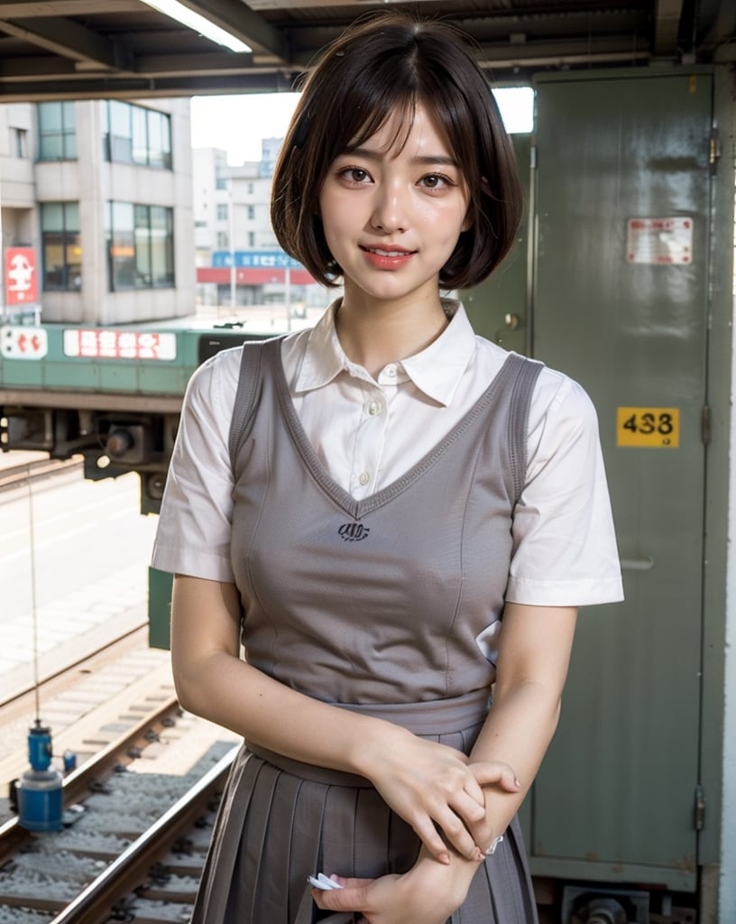 OsakaMetro20, train, scenery, outdoors, real world location, train station, building, day, railroad tracks, 
(1girl solo:1.5), Upper Body, ((solo focus)), black hair, short sleeves, blurry, school uniform, a student standing on the platform at a railway station, 
(Top Quality, Masterpiece), Realistic, Ultra High Resolution, Complex Details, Exquisite Details and Texture, Realistic, Beauty, japanese litlle girl, ((Amused, Laugh)), (super-short-hair:1.2), bangs, (Thin Body), round face, (flat chest:1.0), ,dream_girl,Nature,midjourney,Realism,pastelbg,school uniform