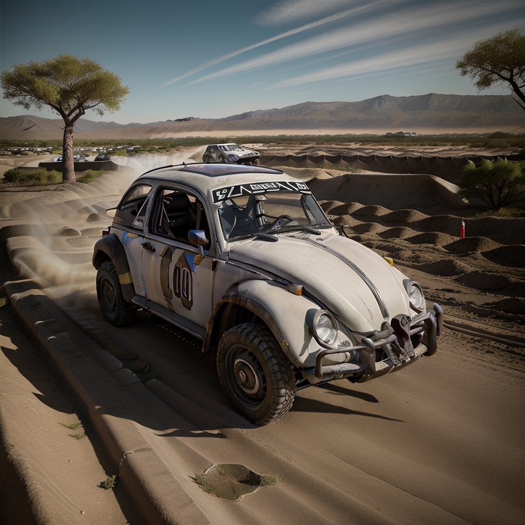 (Top Quality, Masterpiece), Realistic, Ultra High Resolution, Complex Details, Exquisite Details and Texture, Realistic, ((From Side:1.2)), 
Volkswagen Beetle car, (Baja1000 race:1.5), madgod,volkswagen type1, ,pastelbg,Nature