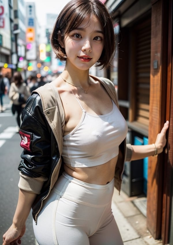 (Top Quality, Masterpiece), Realistic, Ultra High Resolution, Complex Details, Exquisite Details and Texture, Realistic, Beauty, viewed_from_behind, ((full body)), 1girl, japanese cute girl, (17 years old), super-short-hair, bangs, (Thin and Long Body), round face, (large saggy breasts), (bomber Jacket), (white shirt), ((beige leggings)), ((new balance 996)), (Downtown Shibuya), ((center street)), looking at another, sweating_profusely, perfect,