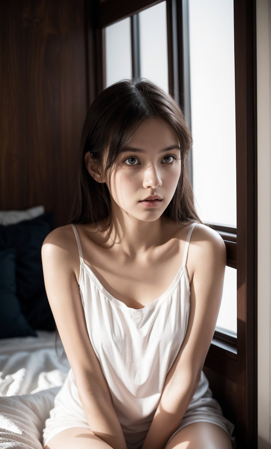 A close-up shot of a disheveled and confused young woman sitting on the edge of a single bed in a small, enclosed space. The room is surrounded by windowless walls, with artificial lighting casting an eerie glow. Her eyes are wild with fear as she looks around the cramped quarters, her hands grasping at the fabric of the bedding as if searching for escape.