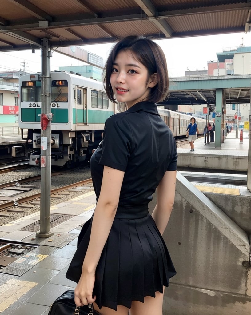 OsakaMetro20, train, scenery, outdoors, real world location, train station, building, day, railroad tracks, 
(1girl solo:1.5), from_behind, ((solo focus)), black hair, short sleeves, blurry, school uniform, a student standing on the platform at a railway station, 
(Top Quality, Masterpiece), Realistic, Ultra High Resolution, Complex Details, Exquisite Details and Texture, Realistic, Beauty, japanese litlle girl, ((Amused, Laugh)), (super-short-hair:1.2), bangs, (Thin Body), round face, (flat chest:1.0), ,dream_girl,Nature
