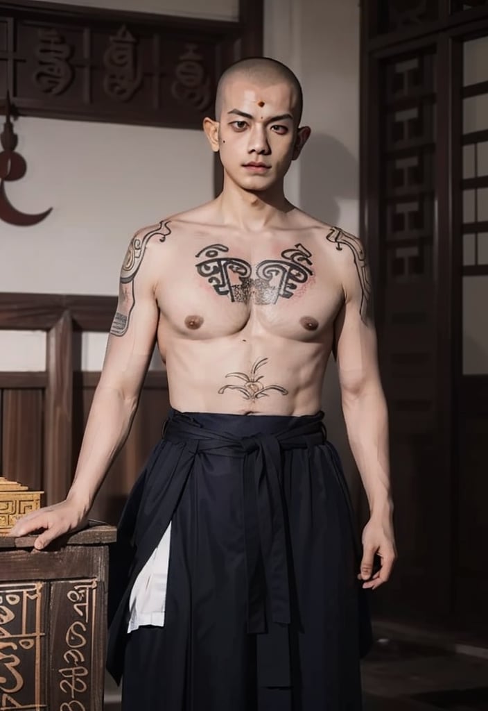 ((full nakid:1.3)), a buddhist monk, ((shaved head:1.3)), ((The entire skin is covered with Sanskrit characters:1.3)), 
A monk is a person who leaves home and enters the Buddhist monastery. A person who follows the teachings of Buddhism and practices ascetic practices. 1boy, tattoo