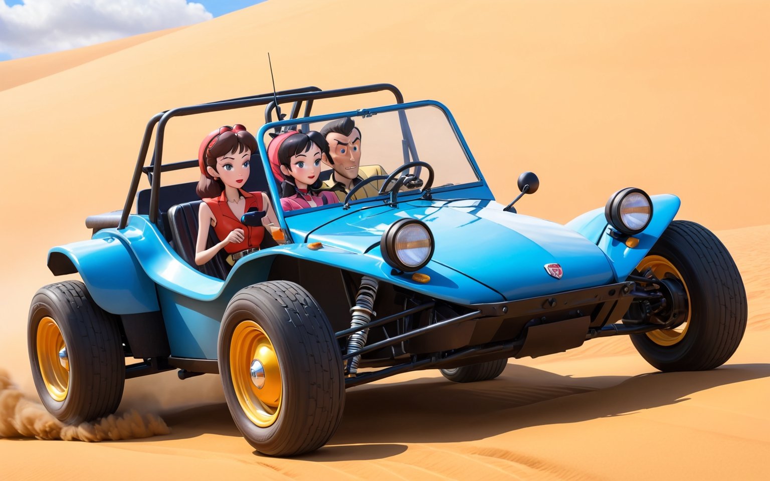 Dune Buggy, Lupin the 3rd, Lupin and Fujiko driving buggy, 
(full body:1.0), from bellow, high quality skin texture rendering, curved body, masterpiece, 8k, high resolution, ghibli, ,r0b0cap