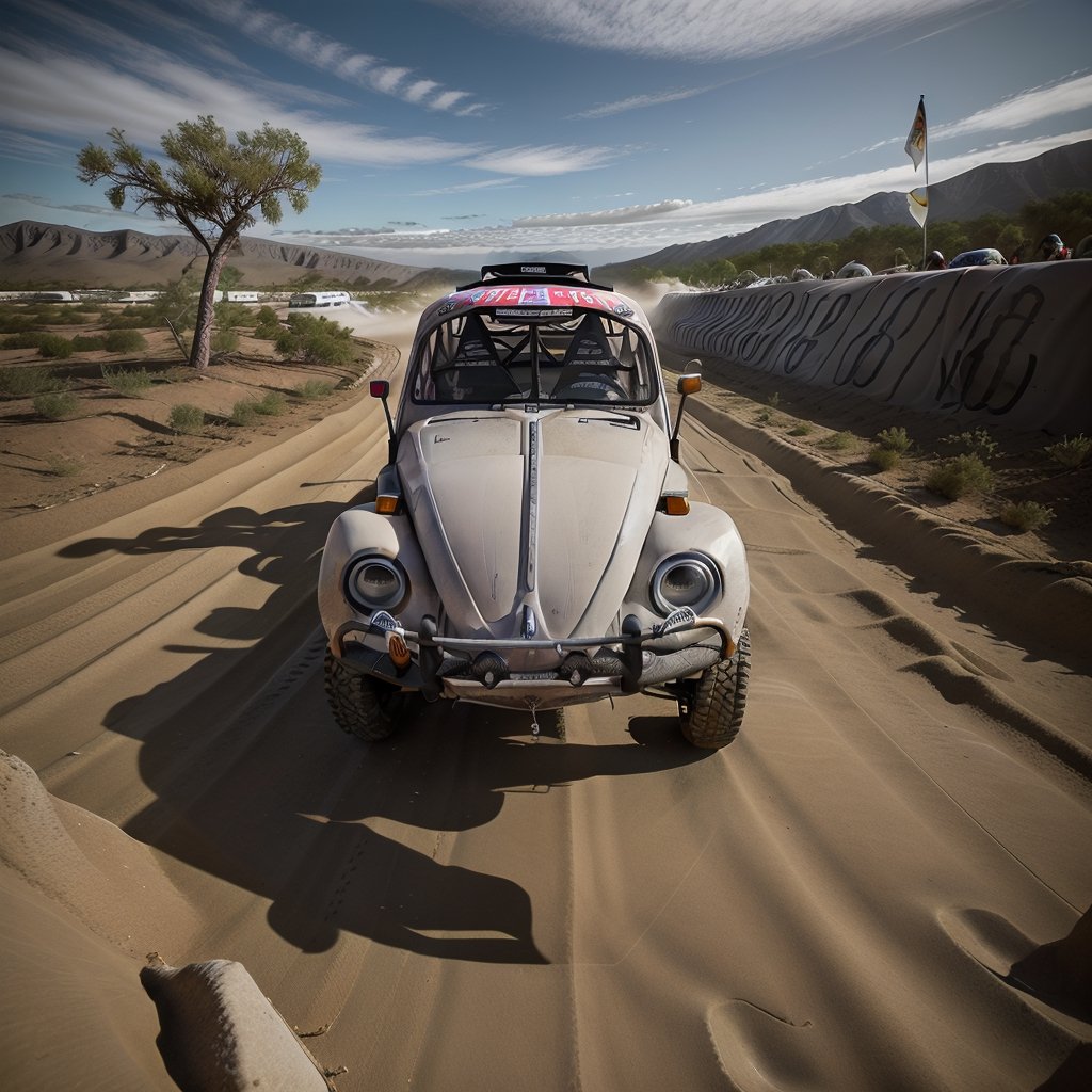 (Top Quality, Masterpiece), Realistic, Ultra High Resolution, Complex Details, Exquisite Details and Texture, Realistic, ((From Side:0.8)), 
Volkswagen Beetle car, (Baja1000 race:1.5), madgod,volkswagen type1, ,pastelbg,Nature