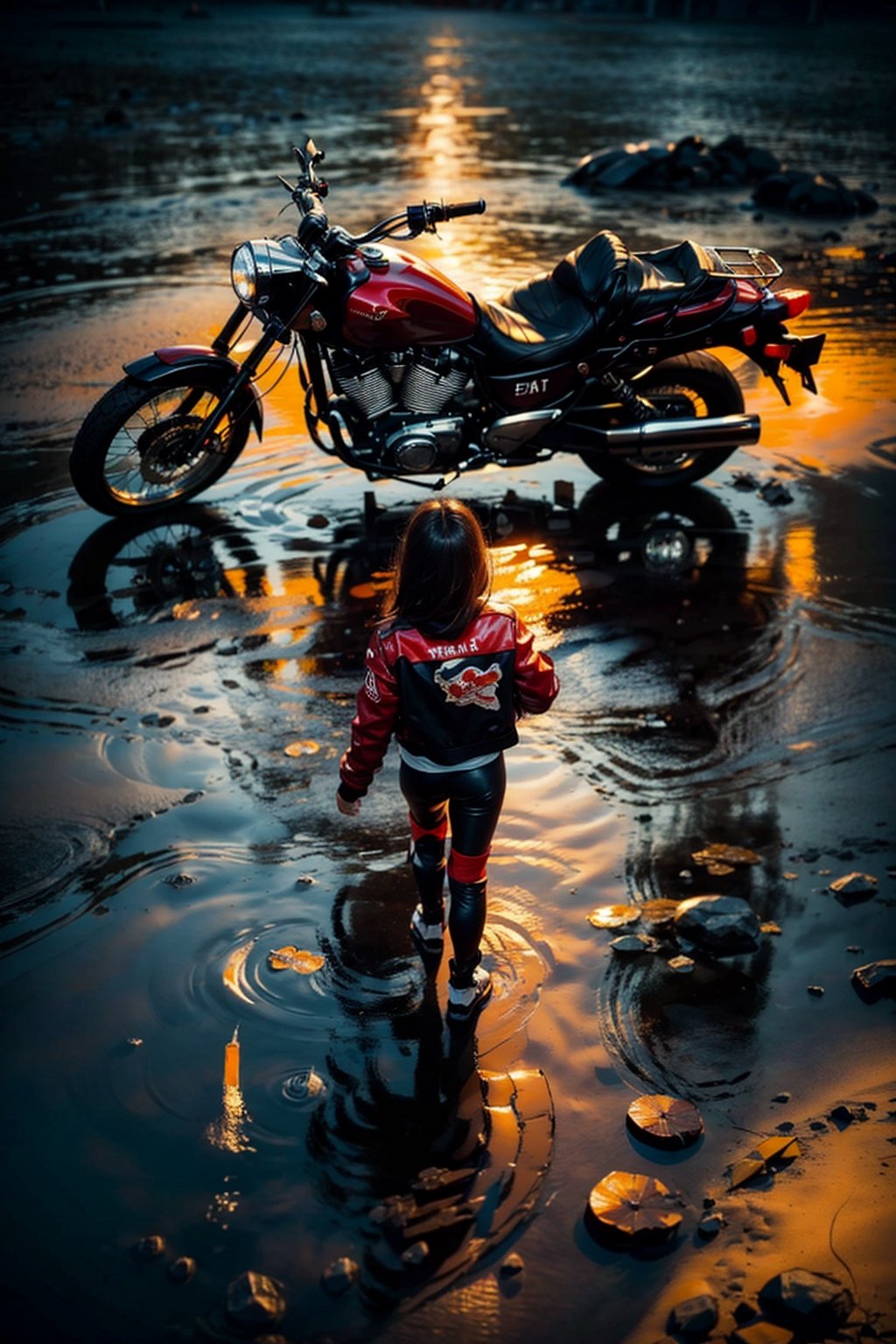 (4k), (masterpiece), (best quality), (realistic), (cinematic　lighting), (epic), photo real, ((whole body)), motion shot, full body, young Japanese girl, glossy black short hair, (((small face))), large breasts, ((red biker jacket,A picture of a capsule is drawn on the back.)), ride on red colour [[kaneda's motorcycle appears in AKIRA, low and long]], hair blown by the breeze, Blunt bangs, shy smile, sunset_scenery_background, ,akiraposter, ,Science fiction 