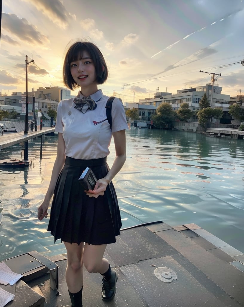 kaiyuukan, storefront, outdoors, crowd, day, cityscape, city, blue sky, real world location, sky, scenery, walking,
(1girl solo:1.5), Full Body Shot, ((solo focus)), black hair, short sleeves, blurry, school uniform, 
(Top Quality, Masterpiece), Realistic, Ultra High Resolution, Complex Details, Exquisite Details and Texture, Realistic, Beauty, japanese litlle girl, ((Amused, Laugh)), (super-short-hair:1.2), bangs, (Thin Body), round face, (flat chest:1.0), , aquarium