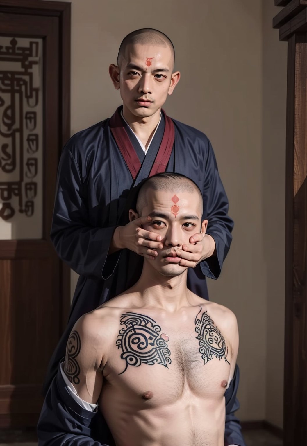 ((The entire skin is completely covered with Sanskrit characters:1.3)), ((full nakid:1.3)), a buddhist monk, ((shaved head:1.3)), 
A monk is a person who leaves home and enters the Buddhist monastery. A person who follows the teachings of Buddhism and practices ascetic practices. 1boy, tattoo