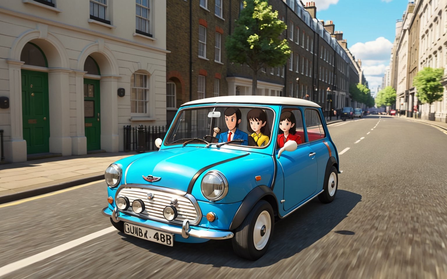 Lupin the 3rd, Lupin and Fujiko driving austin mini cooper, London city, 
(full body:1.0), from bellow, high quality skin texture rendering, curved body, masterpiece, 8k, high resolution, ghibli, ,r0b0cap,StdGBRedmAF