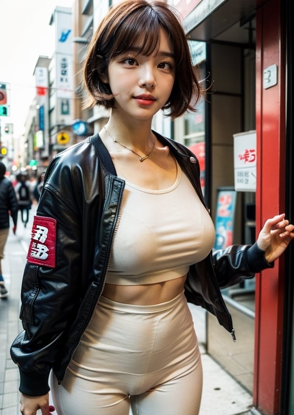 (Top Quality, Masterpiece), Realistic, Ultra High Resolution, Complex Details, Exquisite Details and Texture, Realistic, Beauty, viewed_from_behind, ((full body)), 1girl, japanese cute girl, (17 years old), super-short-hair, bangs, (Thin and Long Body), round face, (large saggy breasts), (bomber Jacket), (white shirt), ((beige leggings)), ((new balance 996)), (Downtown Shibuya), ((center street)), looking at another, sweating_profusely, perfect,