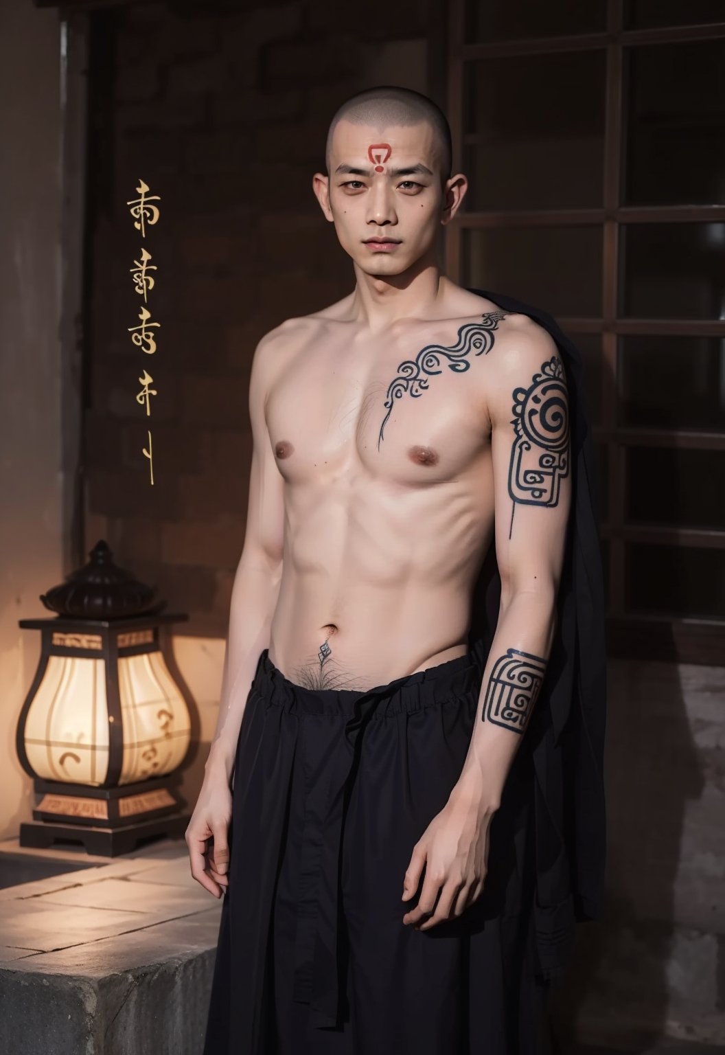 ((full nakid:1.3)), a buddhist monk, ((shaved head:1.3)), ((The entire skin is completely covered with Sanskrit characters:1.3)), 
A monk is a person who leaves home and enters the Buddhist monastery. A person who follows the teachings of Buddhism and practices ascetic practices. 1boy, tattoo