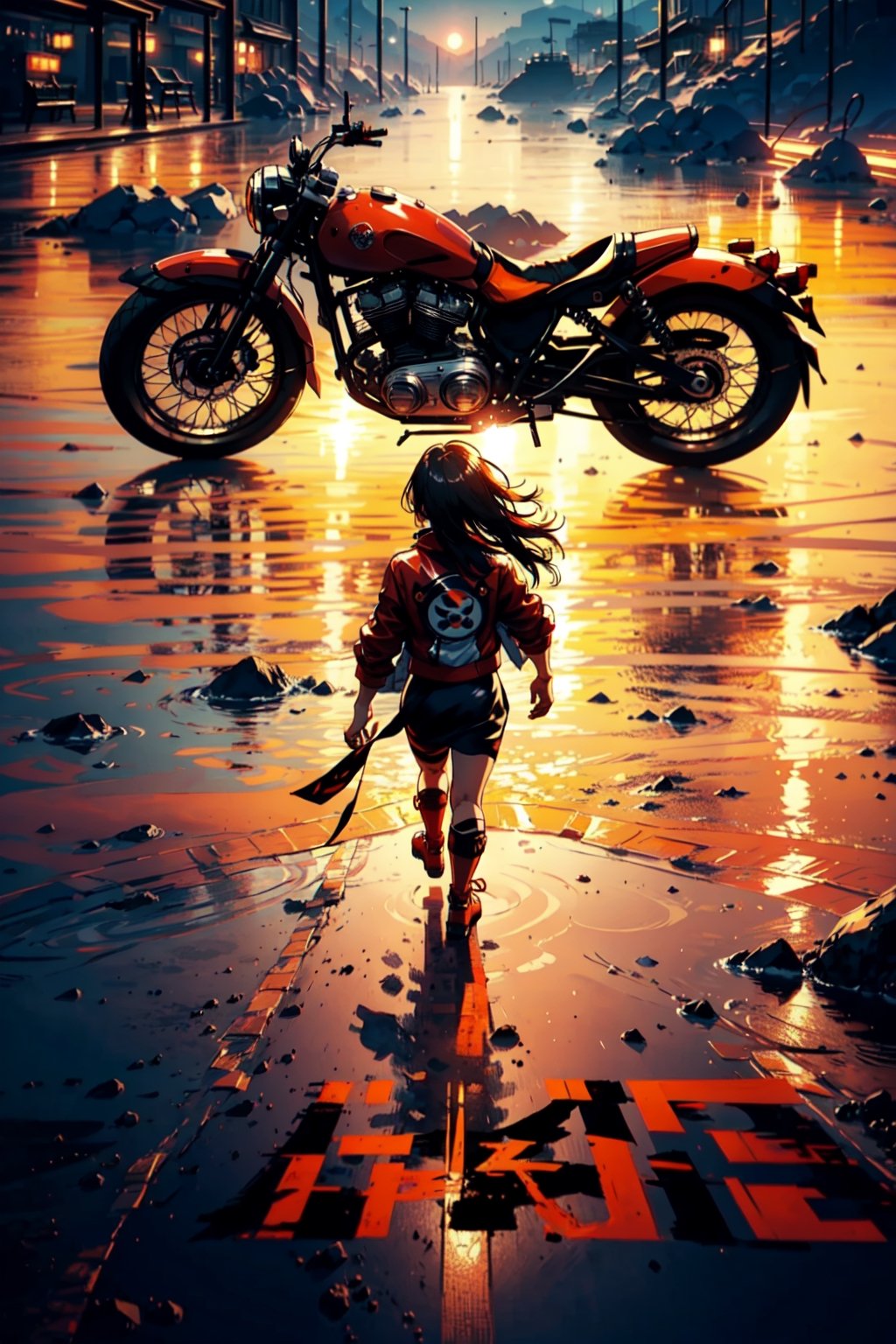 (4k), (masterpiece), (best quality), (realistic), (cinematic　lighting), (epic), photo real, ((whole body)), motion shot, full body, young Japanese girl, glossy black short hair, (((small face))), large breasts, ((red biker jacket,A picture of a capsule is drawn on the back.)), ride on red colour [[kaneda's motorcycle appears in AKIRA, low and long]], hair blown by the breeze, Blunt bangs, shy smile, sunset_scenery_background, ,akiraposter, ,Science fiction 