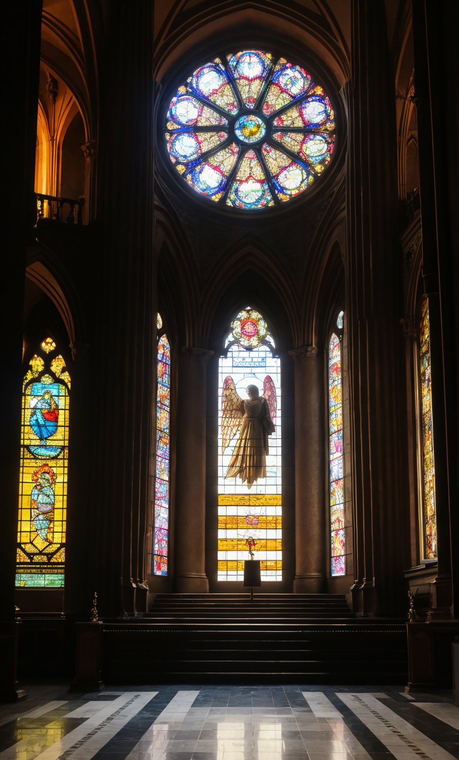 A vibrant and dramatic scene unfolds: a candlelit chamber with ornate tapestries and stained glass windows casting a kaleidoscope of colors on the floor. A figure lies on a deathbed, surrounded by brothers and family members gathered in somber reverence. The atmosphere is one of hope and redemption as they hold hands, their faces illuminated by soft candlelight. In the background, the High Court's imposing architecture looms, symbolizing justice and mercy. Amidst this solemn setting, an angelic figure appears, beckoning the dead to rise anew, as the words Even the dead shall live! echo through the air.