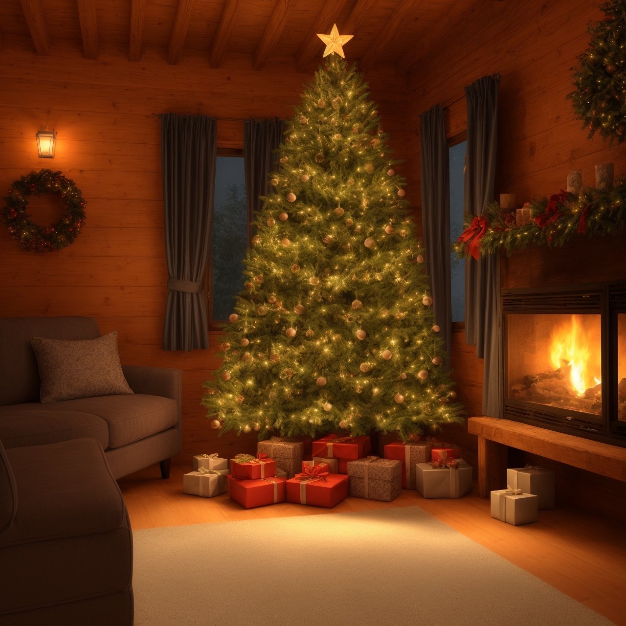 Generate hyper realistic image of a beautiful Christmas tree, in a cozy cabin at night